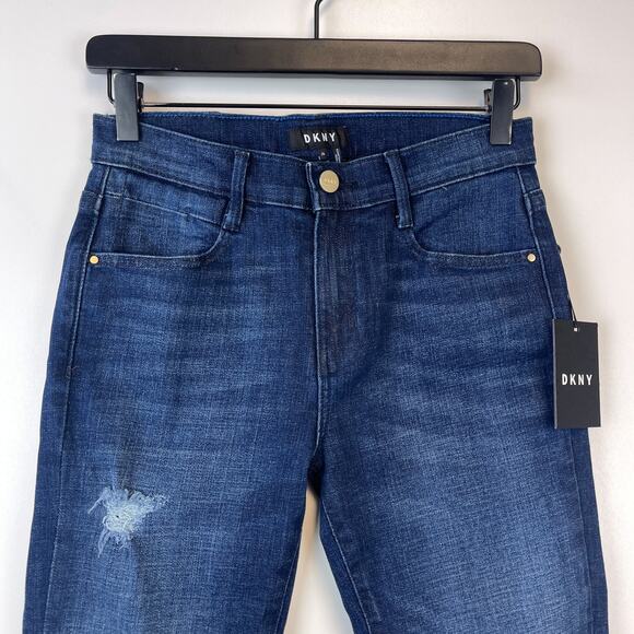 NWT DKNY Size 25 Skinny Mid-Rise Distressed Denim Jeans Blue 27” - Picture 2 of 12